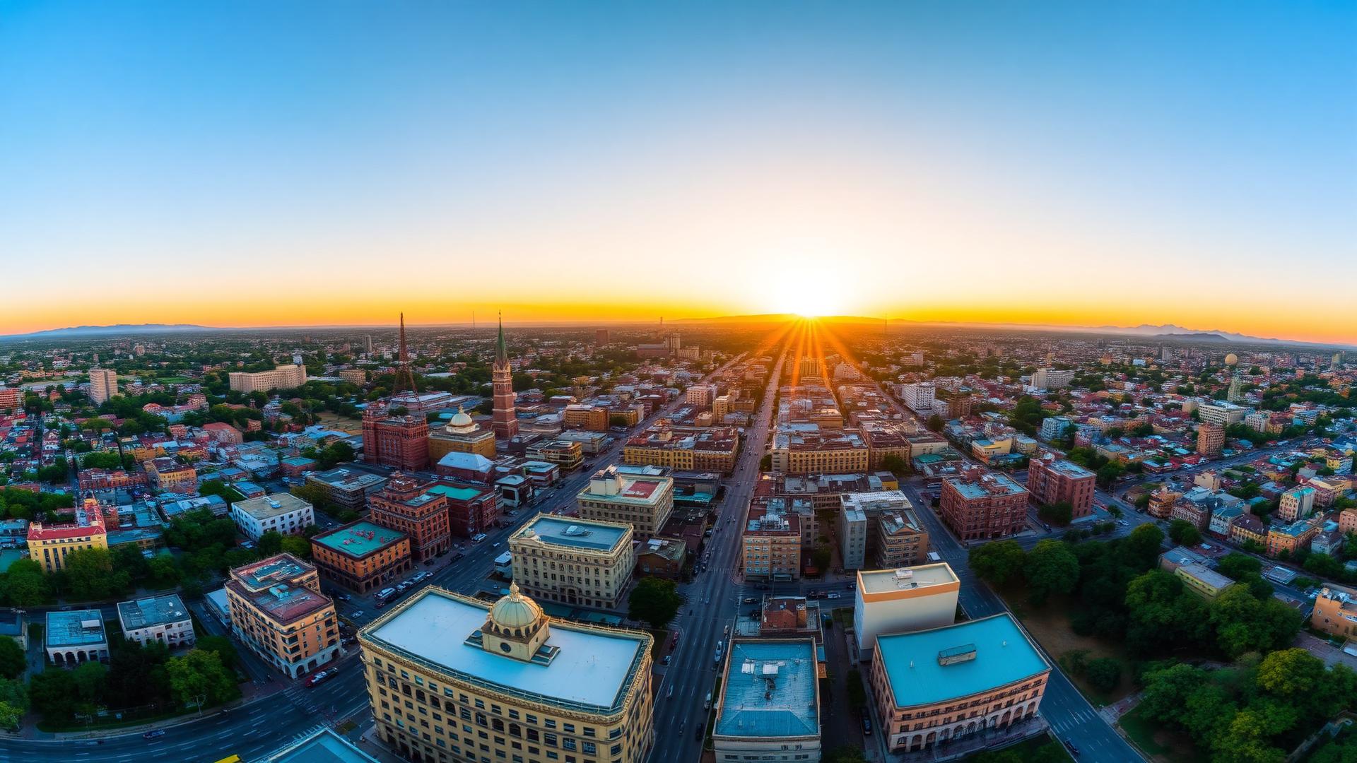Vista aérea de una ciudad al atardecer